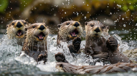 Group of sea otters playing in waterの素材
