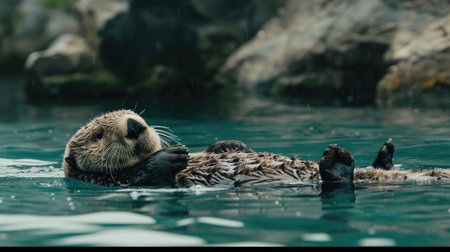 Sea otter floating on backの素材