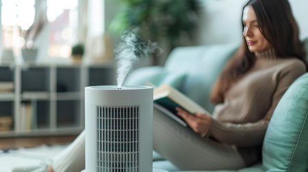 Air purifier and blurred woman reading book on sofa in living roomの素材