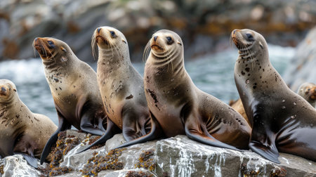 Group of sea lions on a rocky shoreの素材