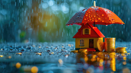 Colored umbrella over a miniature house and gold coins during rain, representing home insuranceの素材