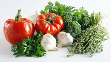 Fresh herbs and vegetables artfully arranged: tomatoes, peppers, garlic, onions, and broccoliの素材