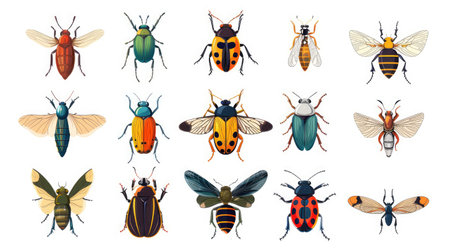 Modern and stylized set of 9 insect icons, arranged symmetrically on white backgroundの素材