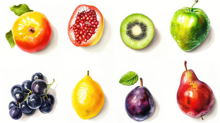 Nine fruit painting icons, modern and symmetrically arranged on white backgroundの素材