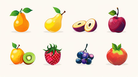 Nine cartoon fruit icons symmetrically arranged on white backgroundの素材