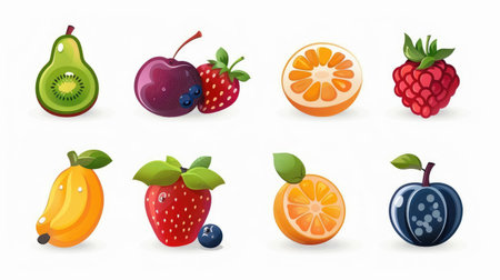 Set of 9 cartoon fruit icons, modern and symmetrically arranged on white backgroundの素材