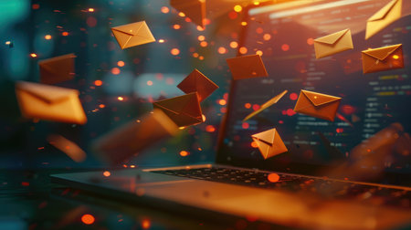 Envelopes flying out from a laptop screen, symbolizing the dynamic world of digital marketing, email campaigns, and spamの素材