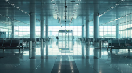A deserted airport terminal with automated systems.の素材