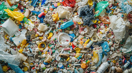 Detailed view of microplastics in a pile, highlighting the issue of food contamination and emphasizing the need for environmental awareness about plastic pollution.の素材