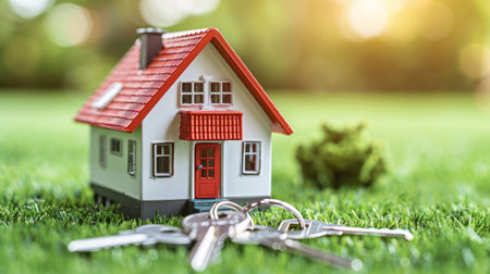 Close-up of a mini tiny house model with silver keys nearby, illustrating the concept of purchasing a cozy small home in the real estate marketの素材