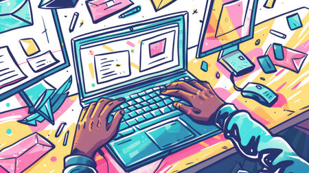 Fun doodle illustration of a laptop with hands typing and multiple open windows, representing online coding help and education.の素材