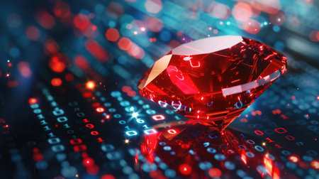 Illuminated ruby stone symbolizing Ruby on Rails, set against a dynamic byte code backdrop, emphasizing cutting-edge web development toolsの素材