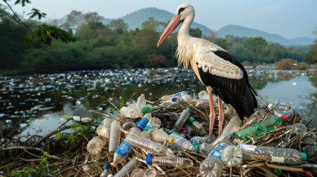 Stork nest littered with PET bottles and plastic debris, emphasizing the harmful consequences of pollution on wildlife and the degradation of natural habitats.の素材