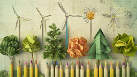 Illustration of trees, pencils, and windmills as symbols of engineering and sustainable project design, blending nature with renewable energy technology for innovative solutions.の素材