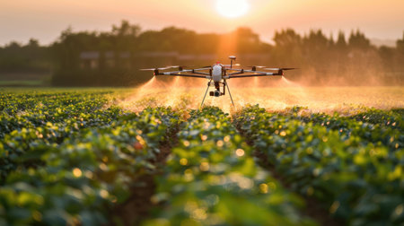 Drone spraying crops with precision, representing the use of technology to enhance agricultural efficiency.の素材