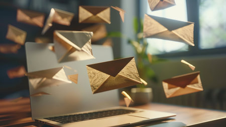 Envelopes flying out from a laptop screen, symbolizing the dynamic world of digital marketing, email campaigns, and spamの素材