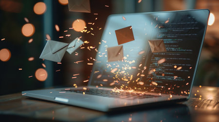 Laptop with envelopes soaring out of the screen, highlighting the digital marketing themes of email campaigns and spam.の素材