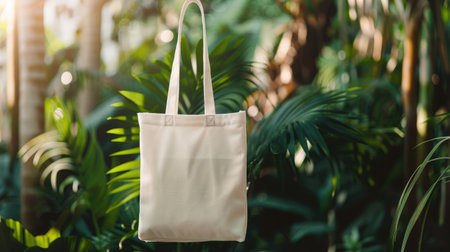 Plain white fabric tote bag mockup with a serene nature-inspired background, emphasizing eco-friendly choices and sustainable lifestyle branding.の素材
