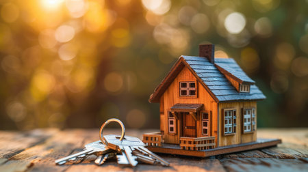 A charming miniature tiny house model with a set of silver keys beside it, representing the dream of owning a cozy small home in the real estate marketの素材