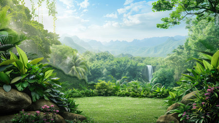 Captivating image of serene natural beauty enhanced with luxurious elements, offering lush green scenery and plenty of space for your textの素材