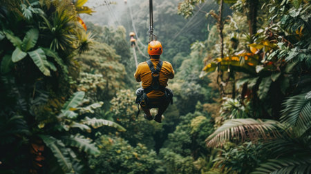 Exciting image of a man ziplining amidst lush rainforest foliage, capturing the essence of adventure and eco-tourism in a vibrant natural setting.の素材