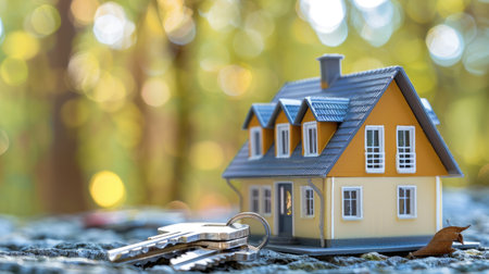 Miniature model of a quaint tiny house next to a set of shiny silver keys, symbolizing the aspiration to own a small, comfortable property in the real estate market.の素材