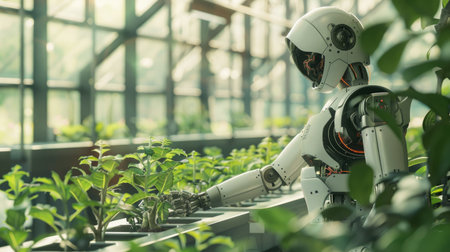 Robotic greenhouse assistant performing routine tasks such as watering and pruningの素材