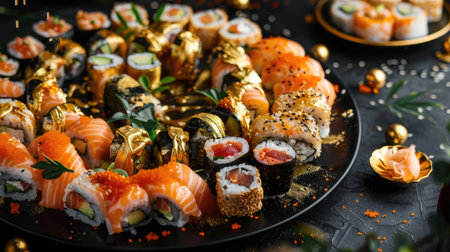 A lavish spread of meticulously prepared sushi rolls adorned with gold leaf, served on a sleek black platterの素材