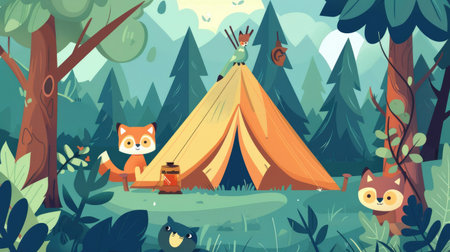 Animated tent pitched in a cartoon forest, with cute animals peeking out from the trees.の素材