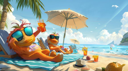Cartoon characters sunbathing on a beach towel, with sunglasses on and a drink in handの素材