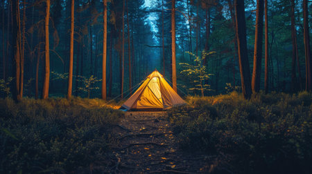 Tent illuminated from within against a dark forest background, creating a magical and inviting camping sceneの素材