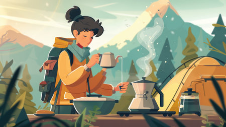 Animated camper making coffee on a portable stove, with steam rising in a cute, stylized wayの素材