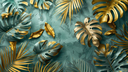 Harmonious blend of Volumetric decorative tropical leaves intricately designed amidst textured plastered wall and elegant gold elements, symbolizing the timeless allure and vibrant colors of tropical flora.の素材