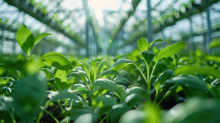 Greenhouse equipped with smart sensors and automated irrigation systems for efficient crop management.の素材