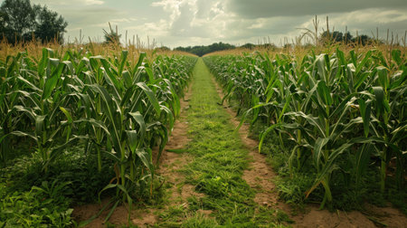 Flourishing field of maize under a bright sky, symbolizing crop growth and agricultural prosperity.の素材
