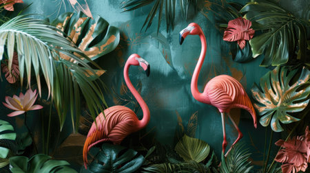 Detailed view of Volumetric decorative flamingos intricately integrated with lush tropical leaves against a backdrop of textured plastered wall and subtle gold accents, symbolizing harmony and natural splendor.の素材