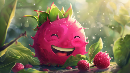 A cute cartoon pitaya with a big smile, enjoying a summer day.の素材
