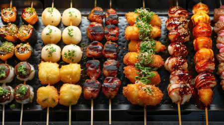 Colorful display of Japanese street food, including takoyaki and yakitori, no people.の素材