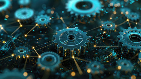 Conceptual illustration of gears integrated within a neural network, depicting the complexity of AI algorithms and machine learningの素材