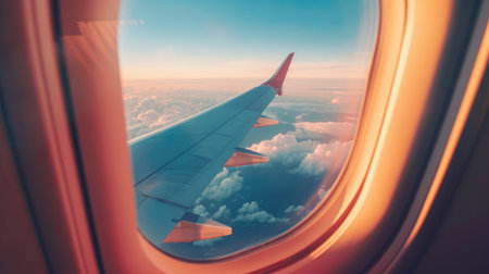 Airplane window point of view, inside a commercial aircraft with the plane's wing visibleの素材