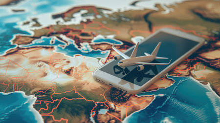 Creative illustration of a smartphone with airplane wings flying over a world map, representing travel and adventure in the digital age.の素材