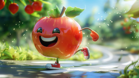 Cute apple with a smiling face and little sneakers dashing along a winding road, showcasing a fun and lively scene of a fruit in motionの素材