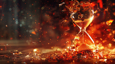 Conceptual image of an hourglass exploding into shards, representing the irreversible flow and rupture of time's continuityの素材