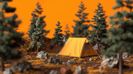 Minimalist 3D scene of a cozy tent in a pine forest with a bright orange background and rocks scattered aroundの素材