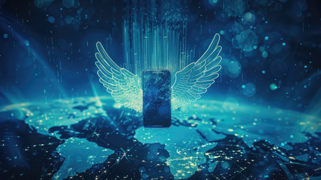 Digital travel concept with a winged smartphone over a world map, highlighting modern travel and technological advancementの素材