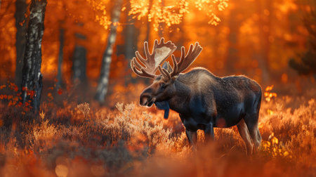 Moose in autumn forest, horns visible, orange nature background, morning lightの素材