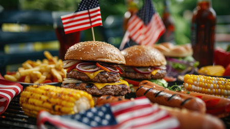 Festive BBQ scene with grilled burgers, hot dogs, and corn on the cob, adorned with American flags for a patriotic celebrationの素材