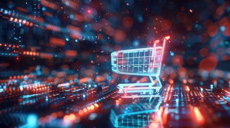 Online shopping concept with a digital shopping cart icon, glowing against a futuristic abstract background representing e-commerce.の素材