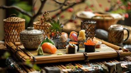Expensive sushi delicacies, including uni and toro, beautifully presented on a bamboo tray with a backdrop of traditional Japanese decorの素材