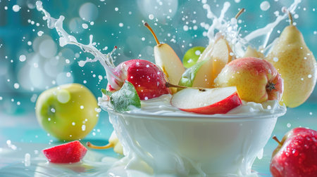 Fresh pears and apples splashing into a colorful bowl of milk, yogurt, or oatmeal, promoting a healthy vegetarian mix.の素材